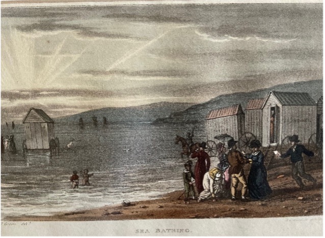‘Sea-bathing’  modesty preserved – a concealed band played the national anthem when King George used his hut at Weymouth.  