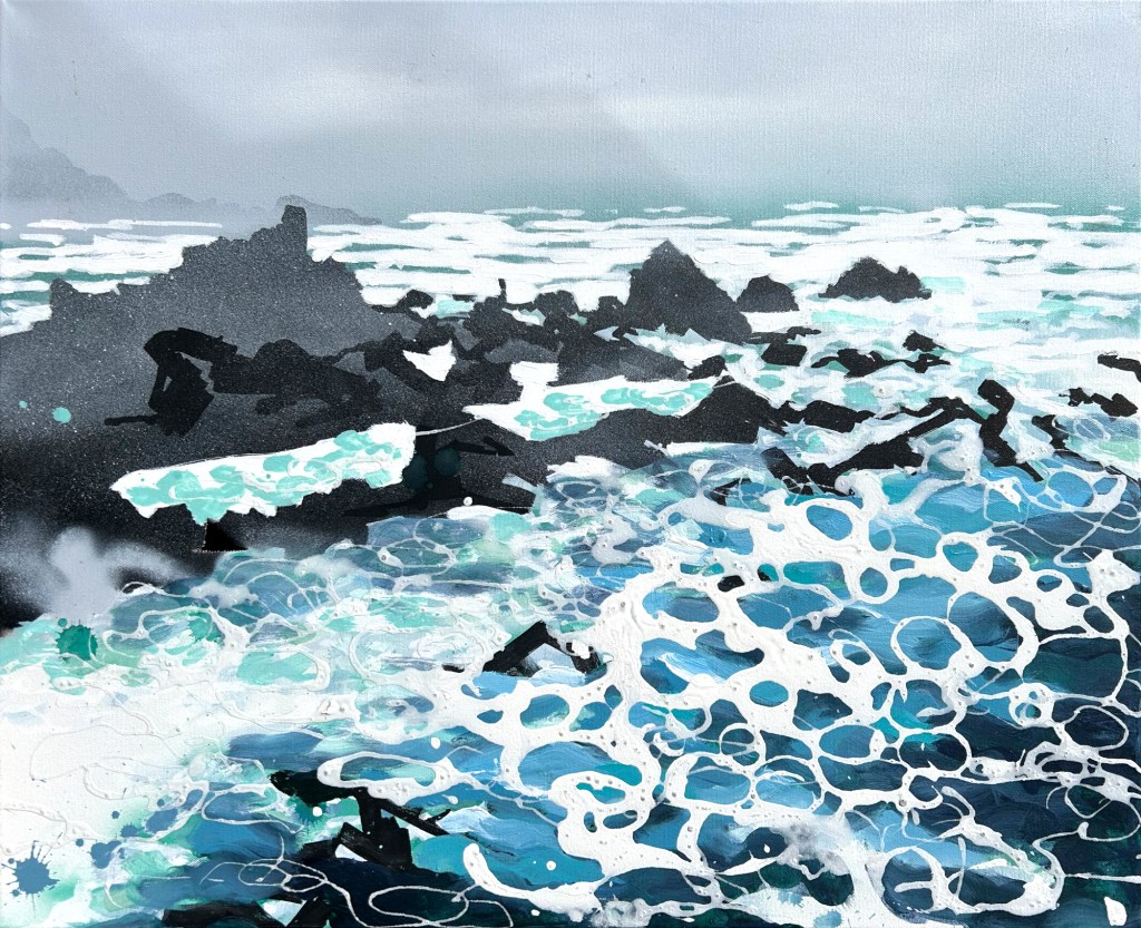 Abstract artwork depicting a turbulent ocean scene with dark rocks and foamy waves under a cloudy sky.