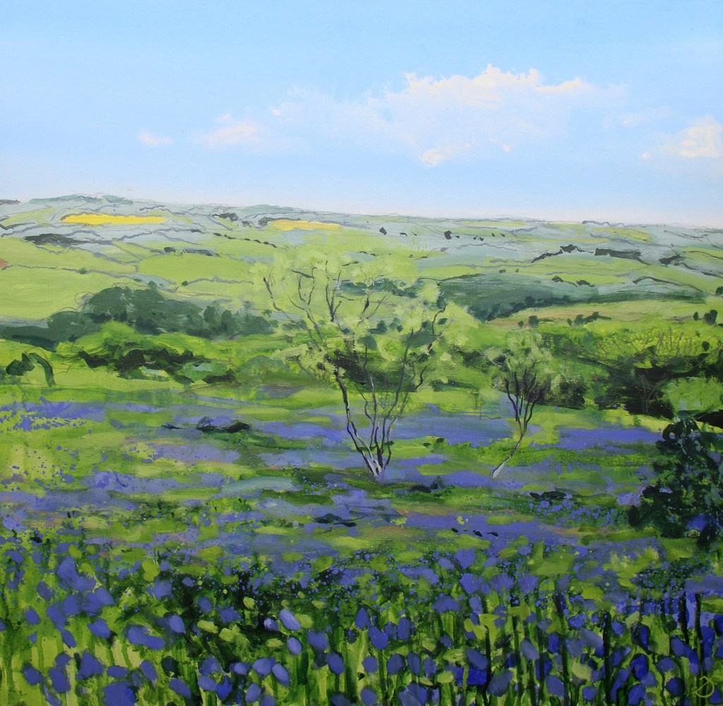 A vibrant landscape painting featuring rolling green hills under a clear blue sky, with patches of purple flowers in the foreground and sparse trees scattered throughout.